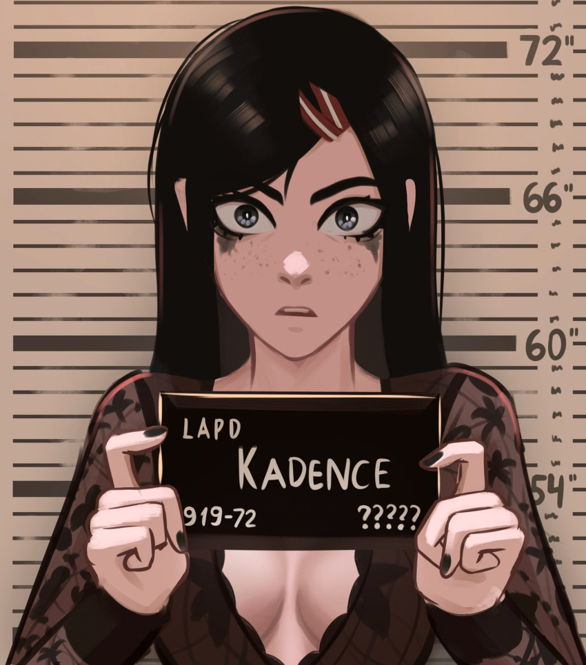 barbie_mugshot_(meme) black_hair black_nails blue_eyes breasts character_name cleavage commentary english_commentary female floral_print_shirt freckles hair_ornament hairclip height_chart height_mark highres holding holding_sign kadence_(veyonis) lace_shirt lace_trim long_hair looking_at_viewer makeup mascara medium_breasts meme mugshot nameplate nervous original plunging_neckline runny_makeup see-through_clothes sign straight_hair surprised upper_body veyonis wide-eyed