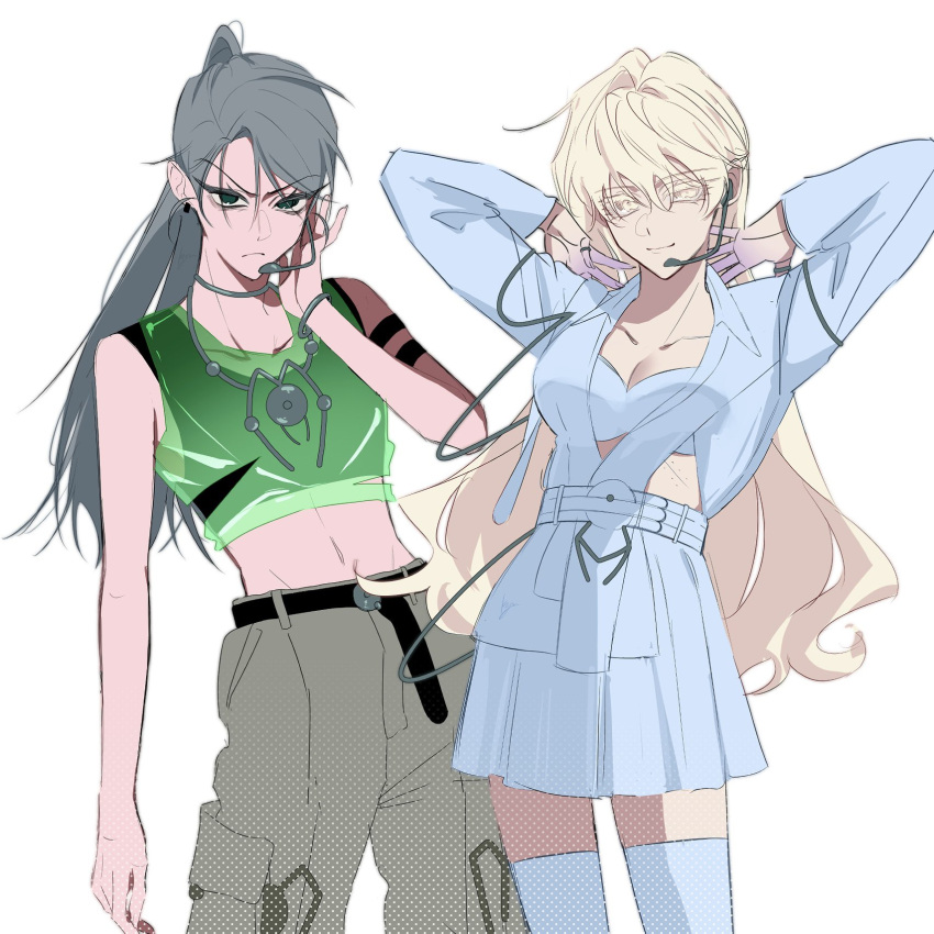 2girls adapted_costume alien_stage arms_up belt black_belt blonde_hair bra breasts chinese_commentary cleavage closed_mouth clothing_cutout colored_extremities colored_eyelashes commentary crop_top earrings feet_out_of_frame frown genderswap_(mtf) green_eyes green_tank_top grey_hair grey_pants hand_on_headset headset high_ponytail highres jewelry kyon_(zmwh8222) long_hair long_sleeves luka_(alien_stage) midriff multiple_girls pants pinky_ring plunging_neckline ponytail rule_63 see-through_tank_top shirt silver_choker simple_background skirt smile tank_top thighhighs thumb_ring till_(alien_stage) torn_clothes torn_tank_top underwear v-shaped_eyebrows very_long_hair white_background white_bra white_shirt white_skirt white_thighhighs yellow_eyes