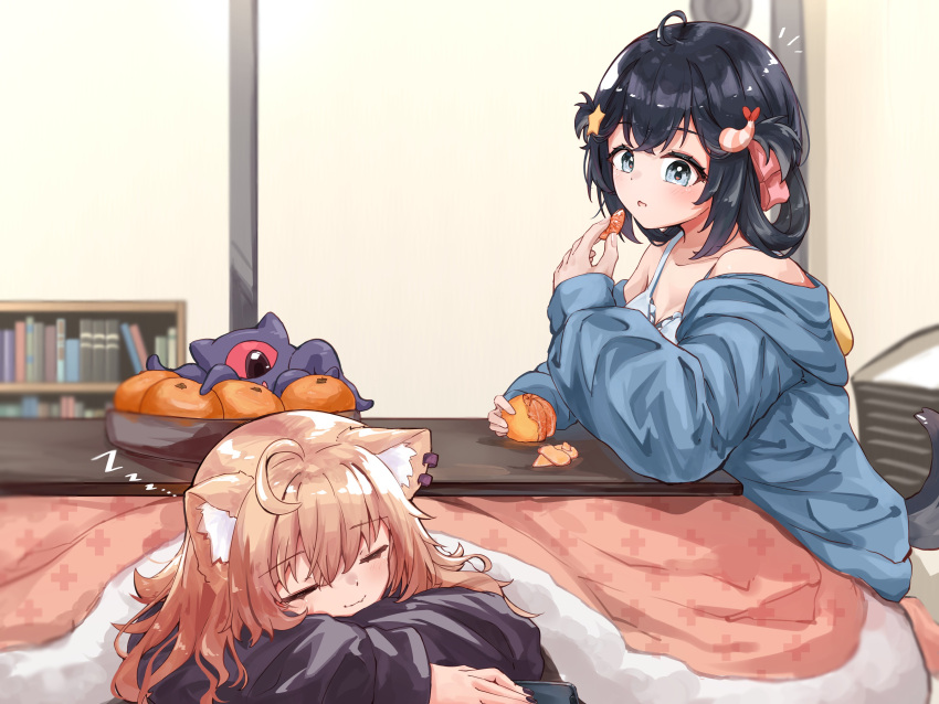 2girls absurdres ahoge alheitrakzoth animal_ear_fluff animal_ears black_hair blonde_hair blue_eyes bookshelf cat_ears cat_girl food fruit hair_ornament highres indie_virtual_youtuber indoors kotatsu long_hair looking_at_another lying mandarin_orange multiple_girls noot_(vtuber) on_stomach orange_(fruit) orange_slice second-party_source short_hair shrimp_hair_ornament shyrei_faolan sitting sleeping star_(symbol) star_hair_ornament table u_da_desu vdonburi virtual_youtuber zzz