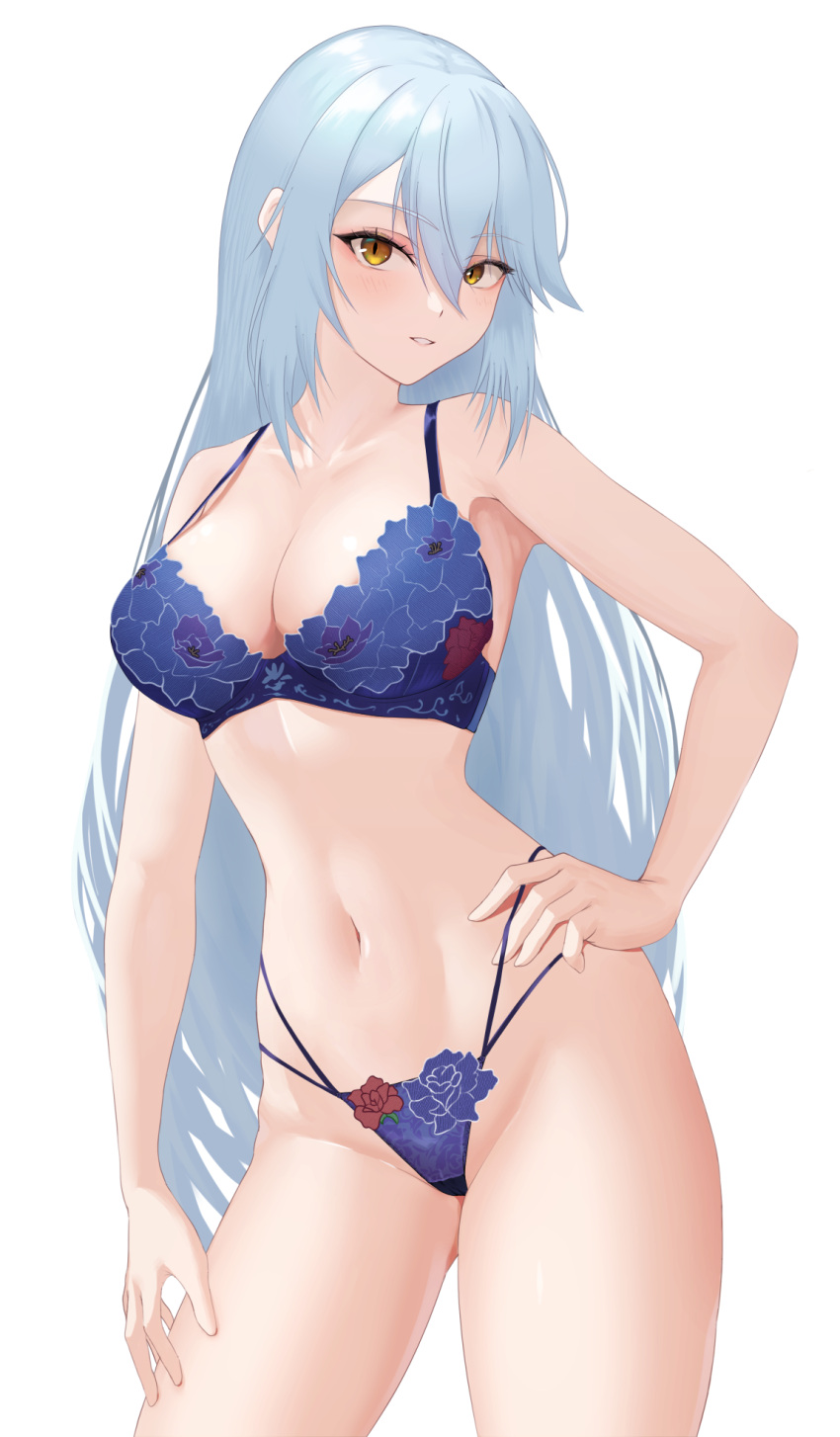 bare_shoulders blue_bra blue_hair blue_panites blush bra breasts cleavage collarbone commentary_request contrapposto cowboy_shot female floral_print garter_belt garter_straps groin hair_between_eyes hand_on_hilt highres lace lace-trimmed_bra lace-trimmed_panties lace_trim large_breasts lingerie long_hair looking_at_viewer lyfe_bestla navel paid_reward_available panties parted_lips simple_background snowbreak:_containment_zone solo sona_konohatori standing stomach strap_gap thighs underwear underwear_only very_long_hair white_background yellow_eyes