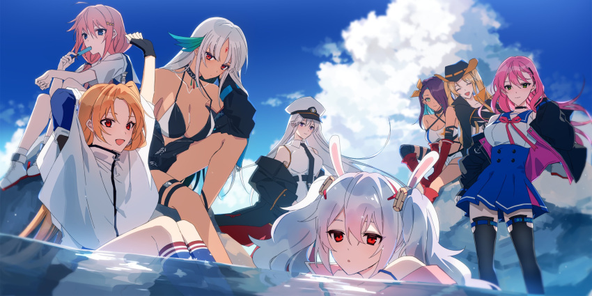 6+girls amazuki_jou arm_on_knee azur_lane bikini black_gloves black_thighhighs blonde_hair blue_sky breasts brown_hair choker cleveland_(azur_lane) closed_mouth cowboy_hat dark_skin enterprise_(azur_lane) floating_hair food food_in_mouth gloves green_eyes group_picture hair_ribbon hand_on_own_cheek hand_on_own_face hat highres holding holding_food holding_popsicle hornet_(azur_lane) in_water jacket laffey_(azur_lane) legs looking_at_viewer massachusetts_(azur_lane) mccall_(azur_lane) memphis_(azur_lane) multiple_girls necktie northampton_(azur_lane) open_mouth pink_hair popsicle popsicle_in_mouth purple_eyes red_eyes ribbon sitting skirt sky sleeveless smile socks standing stretching swimsuit thigh_strap thighhighs thighs twintails water white_hair