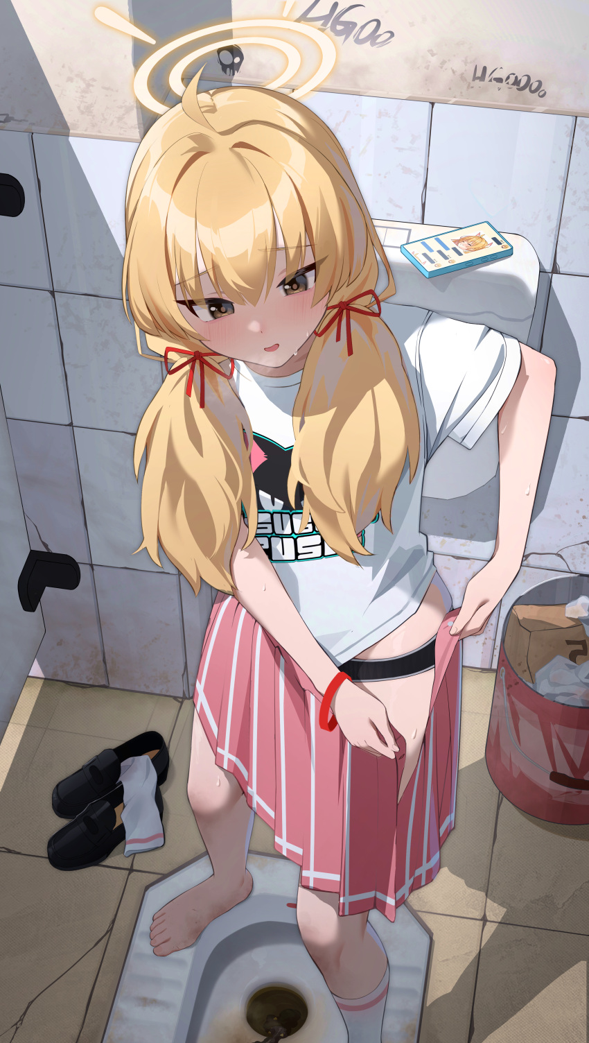 absurdres ahoge black_footwear black_panties blonde_hair blue_archive blush cellphone female halo hgoo highres indoors low_twintails open_mouth orange_eyes panties phone pink_skirt scat shirt skirt smartphone solo squat_toilet t-shirt twintails underwear white_shirt yoshimi_(blue_archive)