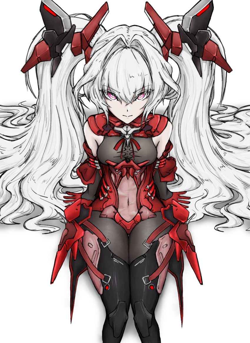 absurdres black_bodysuit black_gloves bodysuit covered_navel cross-shaped_pupils detached_sleeves elbow_gloves female gloves grey_hair hair_intakes headgear highres long_hair luna:_oblivion_(pgr) luna_(pgr) mechanical_legs oisheeefoilyaki punishing:_gray_raven red_eyes red_gloves sidelocks sitting solo symbol-shaped_pupils twintails very_long_hair