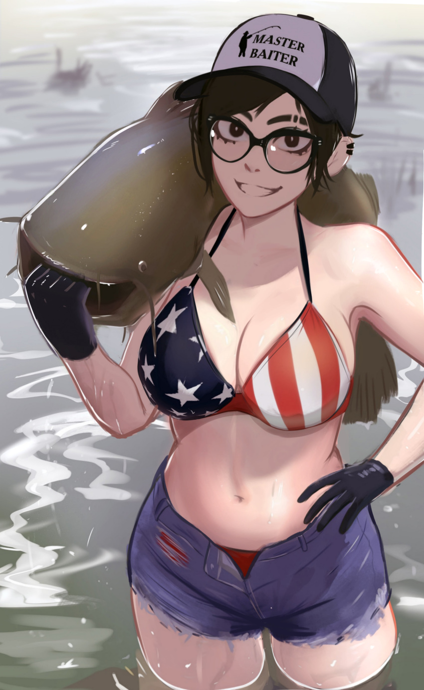 absurdres american_flag american_flag_bikini american_flag_print animal baseball_cap bikini black-framed_eyewear black_eyes black_gloves black_hair breasts catfish cleavage commentary cowboy_shot denim denim_shorts english_commentary eyebrow_cut female fish fishing flag_print glasses gloves hand_on_own_hip happy hat highres holding holding_animal holding_fish large_breasts linea_alba looking_at_viewer meme navel original outdoors print_bikini print_headwear river rosen_(veyonis) short_hair shorts sidelocks smile standing swimsuit teeth veyonis wading water wet wet_clothes women_want_me_fish_fear_me_(meme)