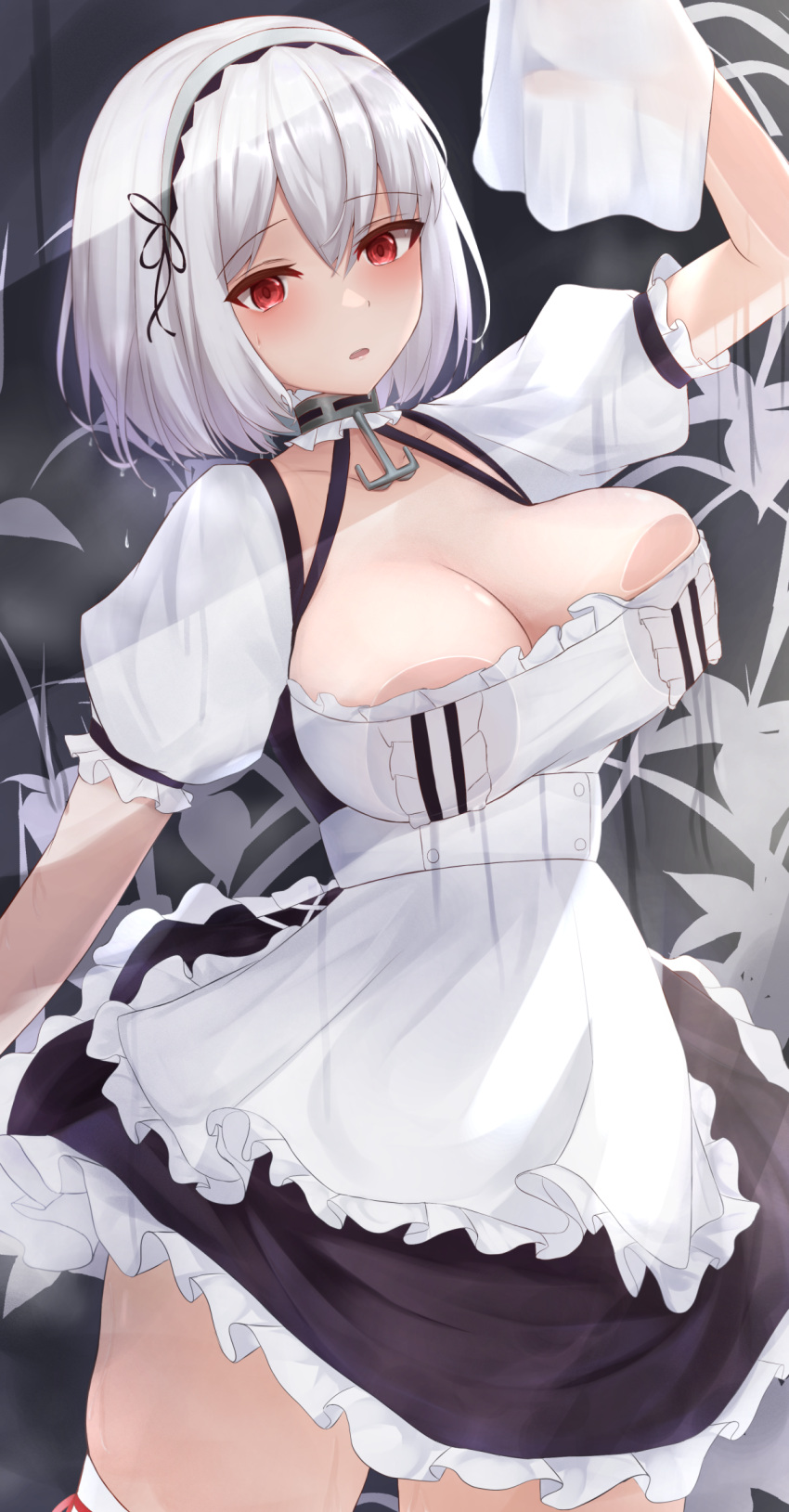 against_glass anchor_choker apron azur_lane black_dress breast_press breasts breasts_on_glass cleavage commentary cowboy_shot dress female frilled_apron frilled_dress frills hairband highres lace-trimmed_hairband lace_trim large_breasts puffy_short_sleeves puffy_sleeves red_eyes short_hair short_sleeves sirius_(azur_lane) solo takoho_(frrh8747) white_apron white_hair