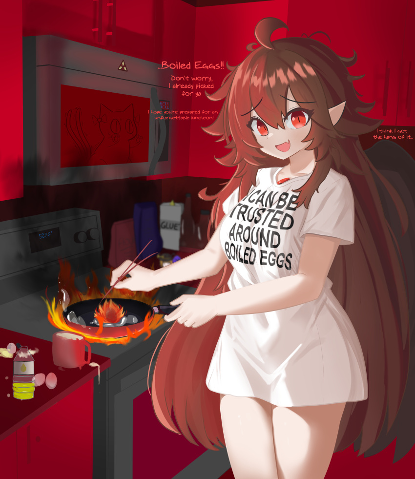 absurdres ahoge alternate_costume bad_food blush breasts brown_hair burnt_food chopsticks clothes_writing commentary cooking_oil cowboy_shot egg egg_(food) english_commentary english_text failure feline female fire food frying_pan glue hair_between_eyes highres holding holding_frying_pan indoors just_hatto kaenbyou_rin kaenbyou_rin_(cat) kitchen large_breasts long_hair looking_at_viewer meme messy_hair microwave multiple_tails naked_shirt oerba_yun_fang open_mouth oven pointy_ears red_eyes reiuji_utsuho shinkon_santaku shirt short_sleeves skin_fang slit_pupils smile smoke solo_focus steamed_hams_(meme) t-shirt tail touhou two_tails very_long_hair