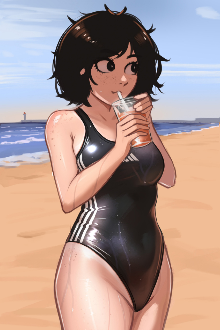 adidas beach black_eyes black_hair black_one-piece_swimsuit body_freckles breasts commentary cowboy_shot cup drink drinking drinking_straw drinking_straw_in_mouth english_commentary female freckles highres holding holding_cup lighthouse looking_ahead medium_breasts messy_hair ocean one-piece_swimsuit one-piece_tan original outdoors sky solo standing swimsuit tan tanlines thighs veyonis wet wet_clothes wet_swimsuit yuna_(veyonis)