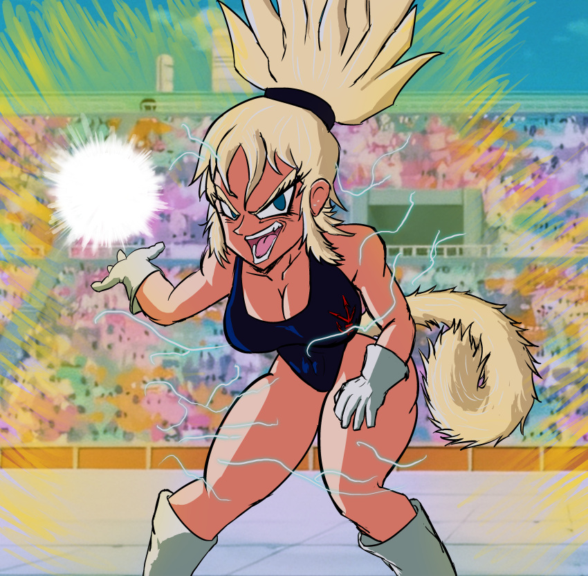 absurdres aged_up blonde_hair blue_leotard boots bra_(dragon_ball) breasts dragon_ball dragon_ball_eschaton dragon_ball_super dragon_ball_z eschallotte female gloves highres leotard monkey_tail non-web_source power_ball saiyan scene_reference sidelocks stadium super_saiyan super_saiyan_2 tail tenkaichi_budokai white_footwear white_gloves world_martial_arts_tournament