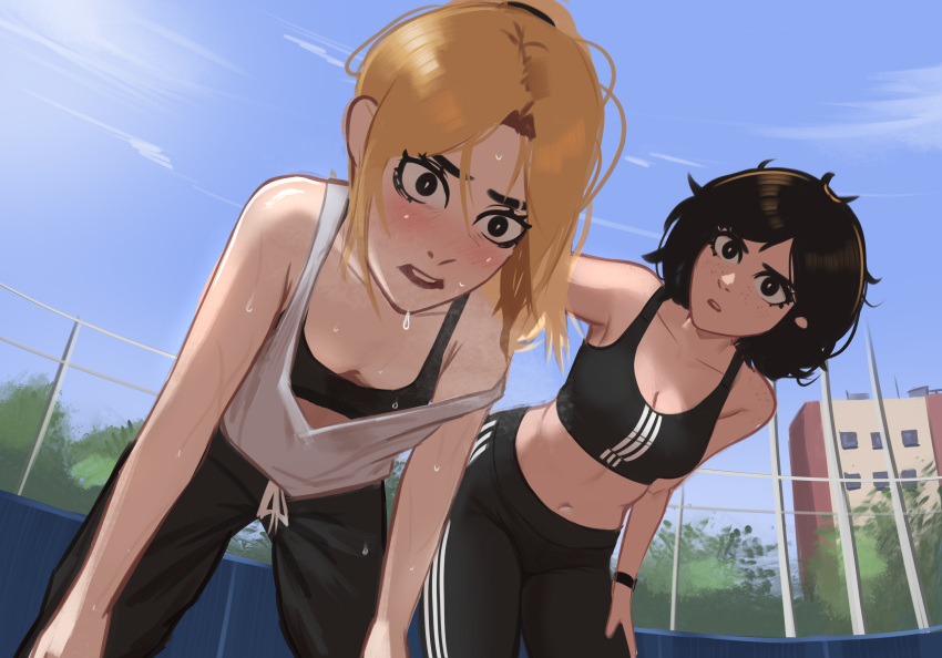 2girls absurdres adidas bent_over black_eyes black_hair blonde_hair blush body_freckles breasts cleavage commentary confused crop_top downblouse english_commentary freckles hands_on_own_knees heavy_breathing highres jessie_(veyonis) leaning_forward medium_breasts messy_hair multiple_girls navel original outdoors parted_lips ponytail sky small_breasts stadium steaming_body sweat sweatdrop teeth upper_teeth_only vertical-striped_sports_bra veyonis yuna_(veyonis)