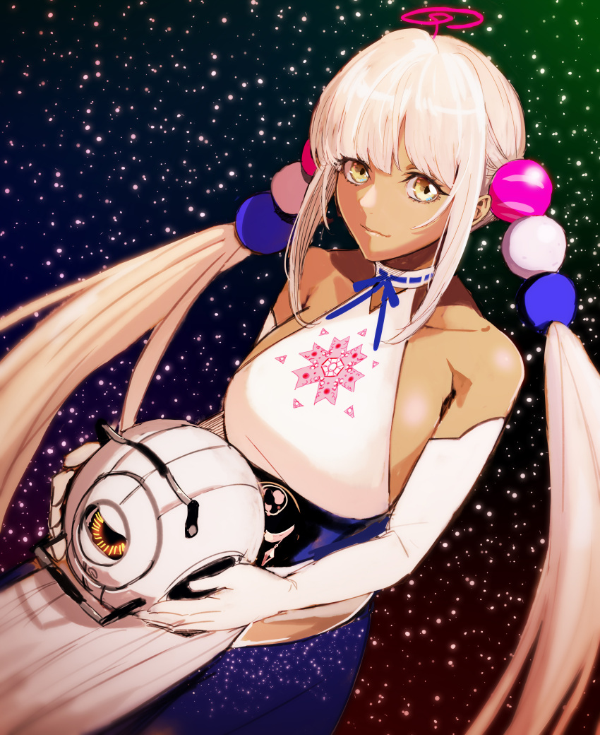 absurdres bare_shoulders blonde_hair breasts dark-skinned_female dark_skin elbow_gloves female gloves hair_ornament helmet highres hinomoto_madoka holding holding_helmet hololive hololive_english large_breasts limiter_(tsukumo_sana) long_hair looking_at_viewer multiple_girls planet_hair_ornament solo space tsukumo_sana tsukumo_sana_(1st_costume) twintails very_long_hair virtual_youtuber white_gloves yellow_eyes