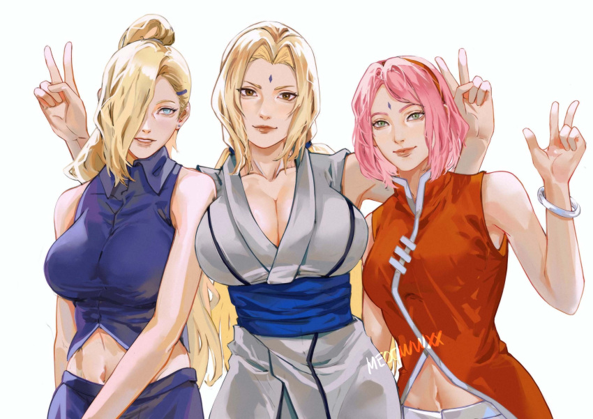 3girls arms_up bare_shoulders blonde_hair blue_eyes blue_shirt bracelet breasts brown_eyes cleavage closed_mouth collared_shirt english_commentary facial_mark forehead_mark green_eyes grey_kimono hair_ornament hair_over_one_eye hairclip high_ponytail highres ino_yamanaka japanese_clothes jewelry kimono large_breasts long_hair looking_at_viewer medium_hair meoowwxx multiple_girls naruto_(series) navel ninja obi parted_bangs parted_lips pink_hair ponytail red_shirt sakura_haruno sash shirt sleeveless sleeveless_kimono sleeveless_shirt smile tsunade_(naruto) v w white_background