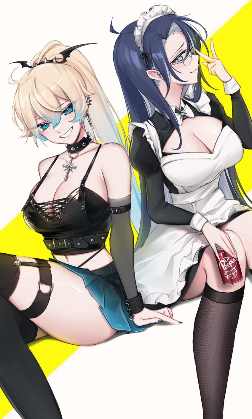 2girls adjusting_eyewear ahoge apron arm_belt belt black_belt black_collar black_dress black_shirt black_skirt black_sleeves black_thighhighs blonde_hair blue_eyes blue_hair blue_nails blue_skirt blush bow bowtie breasts can character_request cleavage cleavage_cutout clothing_cutout collar copyright_request cross_pendant detached_sleeves dr_pepper dress glass gradient_clothes gradient_skirt grin hair_between_eyes hair_intakes highres holding holding_can invisible_chair large_breasts long_sleeves looking_at_viewer maid maid_apron maid_headdress midriff multicolored_hair multiple_girls nail_polish navel pendant_collar ponytail shirt signature sitting skirt smile teeth thigh_strap thighhighs two-tone_hair white_bow yoclesh