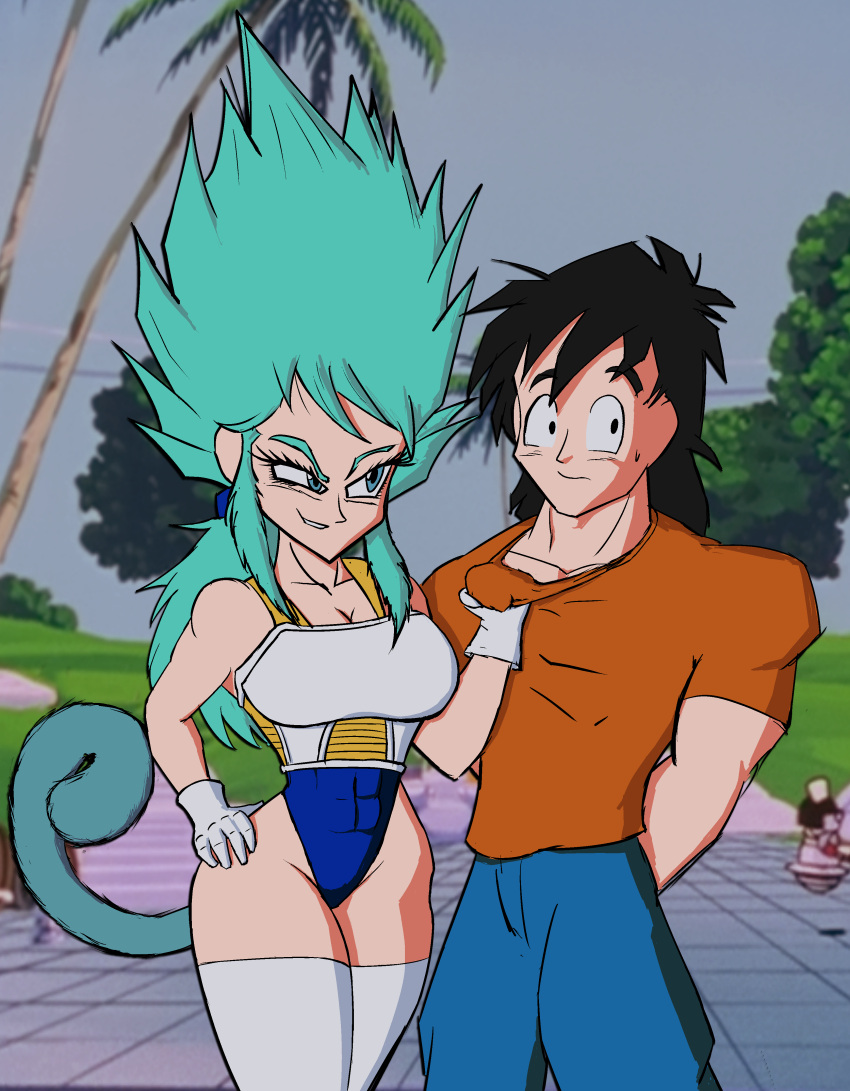 1boy absurdres aged_up armor arms_behind_back assertive_female blue_eyes blue_hair blue_leotard blue_pants bra_(dragon_ball) capsule_corp clothes_grab dragon_ball dragon_ball_eschaton eschallotte female flirting gloves highres leotard monkey_tail mr-takoyama orange_shirt pants saiyan sexual_harassment shirt shirt_grab sidelocks son_goten sweatdrop tail