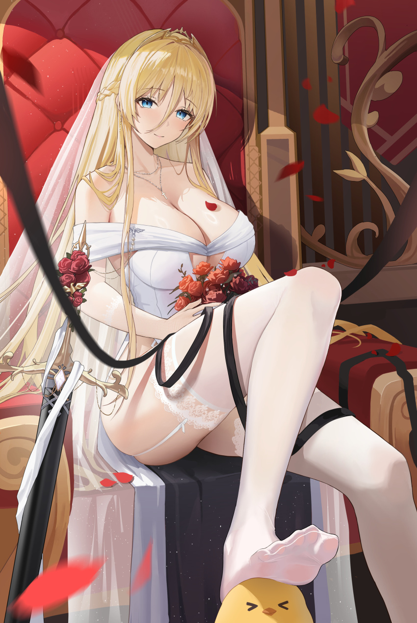 >_< absurdres azur_lane bare_shoulders bismarck_(azur_lane) bismarck_(wedding_dominion)_(azur_lane) blonde_hair blue_eyes bouquet breasts bridal_veil cleavage clothing_cutout collarbone cross cross_necklace dress fangfangtu female flower garter_straps hair_between_eyes highres holding holding_bouquet jewelry lace-trimmed_thighhighs lace_trim large_breasts long_hair long_hair_between_eyes looking_at_viewer manjuu_(azur_lane) necklace official_alternate_costume petals red_flower red_rose rose rose_petals sheath sheathed sitting sitting_on_throne solo stepped_on sword thighhighs throne tiara underboob_cutout veil very_long_hair weapon wedding_dress white_dress white_garter_straps white_thighhighs