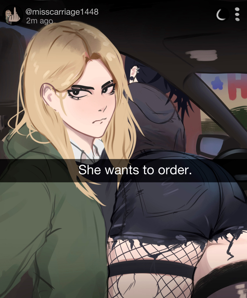 2girls annoyed ass ass_focus black_eyes black_hair black_hoodie blonde_hair car_interior car_seat collar commentary cutoffs denim denim_shorts drive-thru earrings english_commentary english_text facing_away fishnet_pantyhose fishnets from_behind green_jacket he_wants_to_order_(meme) highres hood hoodie jacket jessie_(veyonis) jewelry long_hair lying_on_person meme messy_hair mika_(veyonis) multiple_girls original pantyhose ponytail selfie shorts snapchat thick_thighs thighhighs thighs torn_clothes torn_pantyhose underbutt vehicle_interior veyonis white_collar