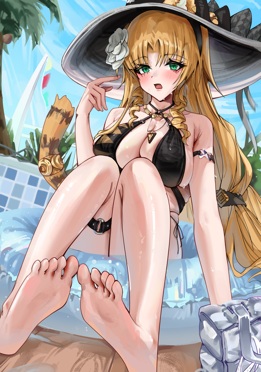 absurdres animal_ears arknights armpit_crease bad_feet barefoot black_hat black_one-piece_swimsuit blonde_hair blush breasts cleavage drill_hair drill_sidelocks ears_through_headwear feet female flower foot_focus full_body green_eyes hair_ornament hand_up hat highres inflatable_toy jewelry large_breasts long_hair looking_at_viewer mo_awanai necklace one-piece_swimsuit open_mouth sidelocks sitting soles solo sweat swimsuit swire_(arknights) swire_the_elegant_wit_(arknights) tail thigh_strap tiger_ears tiger_girl tiger_tail toes