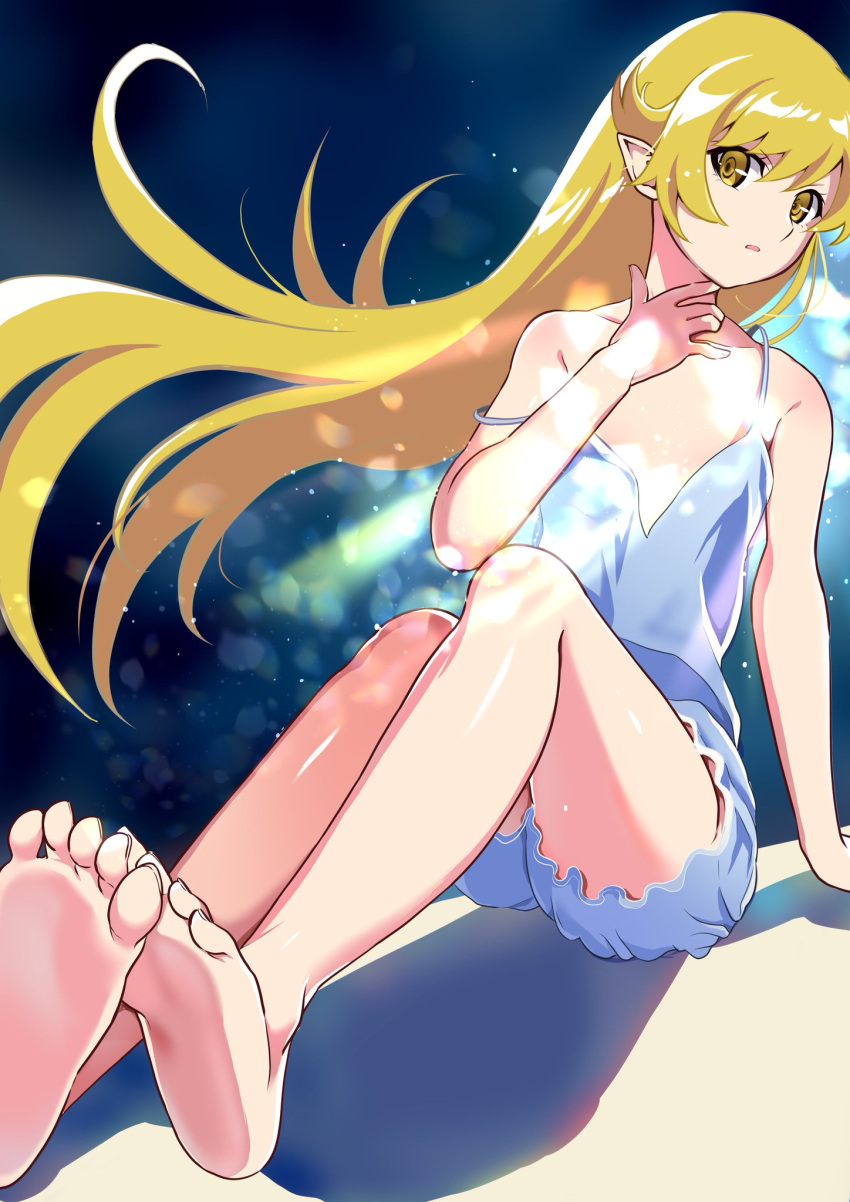 arm_support bare_legs bare_shoulders barefoot blonde_hair collarbone dress eyelashes feet female flat_chest foot_focus foreshortening frilled_shorts frills full_body hand_up highres kiss-shot_acerola-orion_heart-under-blade kizumonogatari knees_up long_hair looking_at_viewer mashimaro_tabetai monogatari_(series) open_mouth oshino_shinobu pointy_ears shadow shorts sitting soles solo strap_slip thighs toes very_long_hair white_dress yellow_eyes