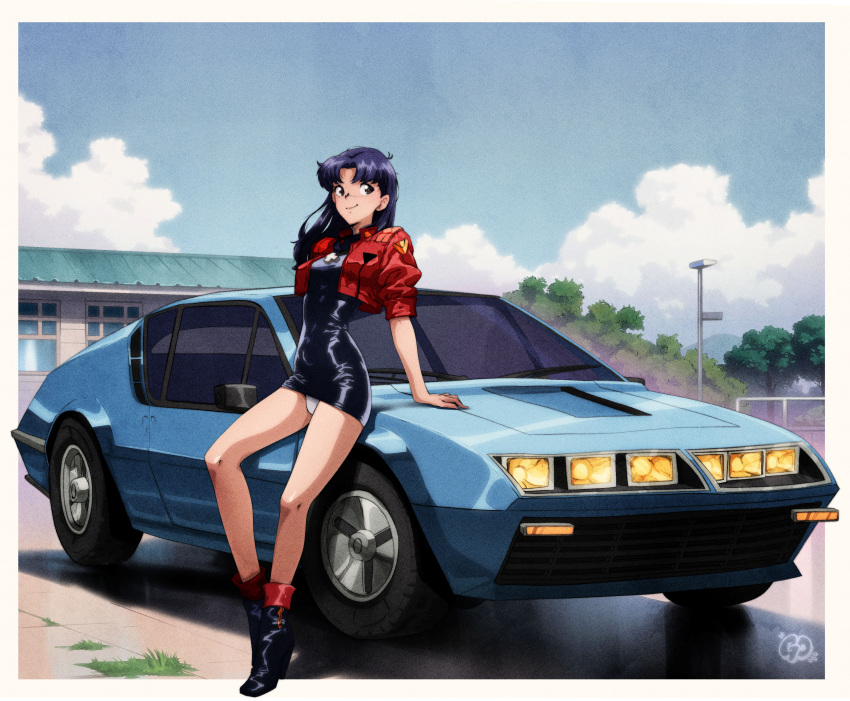 absurdres alpine_a310 arm_support artist_logo bare_legs black_dress blue_car blue_sky blush boots border breasts brown_eyes car cloud cloudy_sky cropped_jacket cross cross_necklace day dress female full_body high_heel_boots high_heels highres impossible_clothes impossible_dress jacket jewelry katsuragi_misato leaning_on_object legs logo long_hair medium_breasts motor_vehicle necklace neon_genesis_evangelion open_clothes open_jacket outdoors panties parted_bangs purple_hair red_jacket short_dress sky smile solo sports_car thatpersonaguy tree underwear variant_set vehicle_focus white_panties