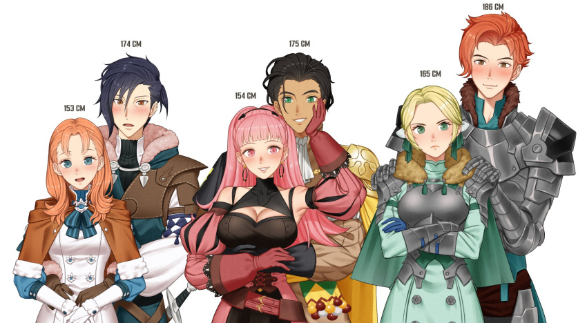 3boys 3girls annette_fantine_dominic annoyed arm_up armor armpit_crease armpits ascot belt black_bustier black_gloves black_hair black_hairband blonde_hair blue_bow blue_eyes blue_gloves blue_hair blue_shirt blunt_bangs blush bow bracer breastplate breasts bridal_gauntlets brown_eyes brown_gloves brown_pants brown_shirt bustier buttons cape capelet claude_von_riegan cleavage cleavage_cutout clothing_cutout commission couple criss-cross_straps crossed_arms detached_sleeves double-parted_bangs dress earrings embarrassed felix_hugo_fraldarius fire_emblem fire_emblem:_three_houses frown fur-trimmed_capelet fur-trimmed_gloves fur_trim gauntlets gloves green_capelet green_dress green_eyes green_ribbons hair_slicked_back hairband halterneck hand_on_another's_cheek hand_on_another's_face hand_on_another's_shoulder hand_on_another's_stomach happy height_difference highres hilda_valentine_goneril hip_gear hoop_earrings hug hug_from_behind ingrid_brandl_galatea jewelry large_breasts long_hair looking_at_viewer medium_breasts messy_hair multiple_boys multiple_girls narrow_waist open_mouth orange_eyes orange_hair pants pauldrons pink_belt pink_dress pink_eyes pink_gloves pink_hair puffy_sleeves ribbon rojen sash second-party_source shirt short_hair shoulder_armor shoulder_guard simple_background single_pauldron smile straight sword sylvain_jose_gautier tan tareme tassel tsurime turtleneck upper_body very_long_hair weapon white_background white_dress white_gloves wing_hair_ornament yellow_cape yellow_sash