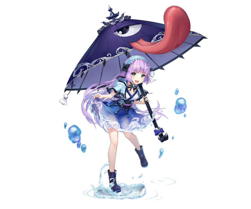 :d absurdres ame_onna_(ragnador) aqua_hairband aqua_hood blue_eyes blue_footwear blue_skirt boots breasts cleavage female full_body hairband highres holding holding_umbrella hood hood_down karakasa_obake lifting_own_clothes long_hair official_art open_mouth purple_hair ragnador ripples second-party_source skirt smile solo standing standing_on_one_leg teruterubouzu tongue tongue_out two-tone_eyes umbrella very_long_hair water yellow_eyes