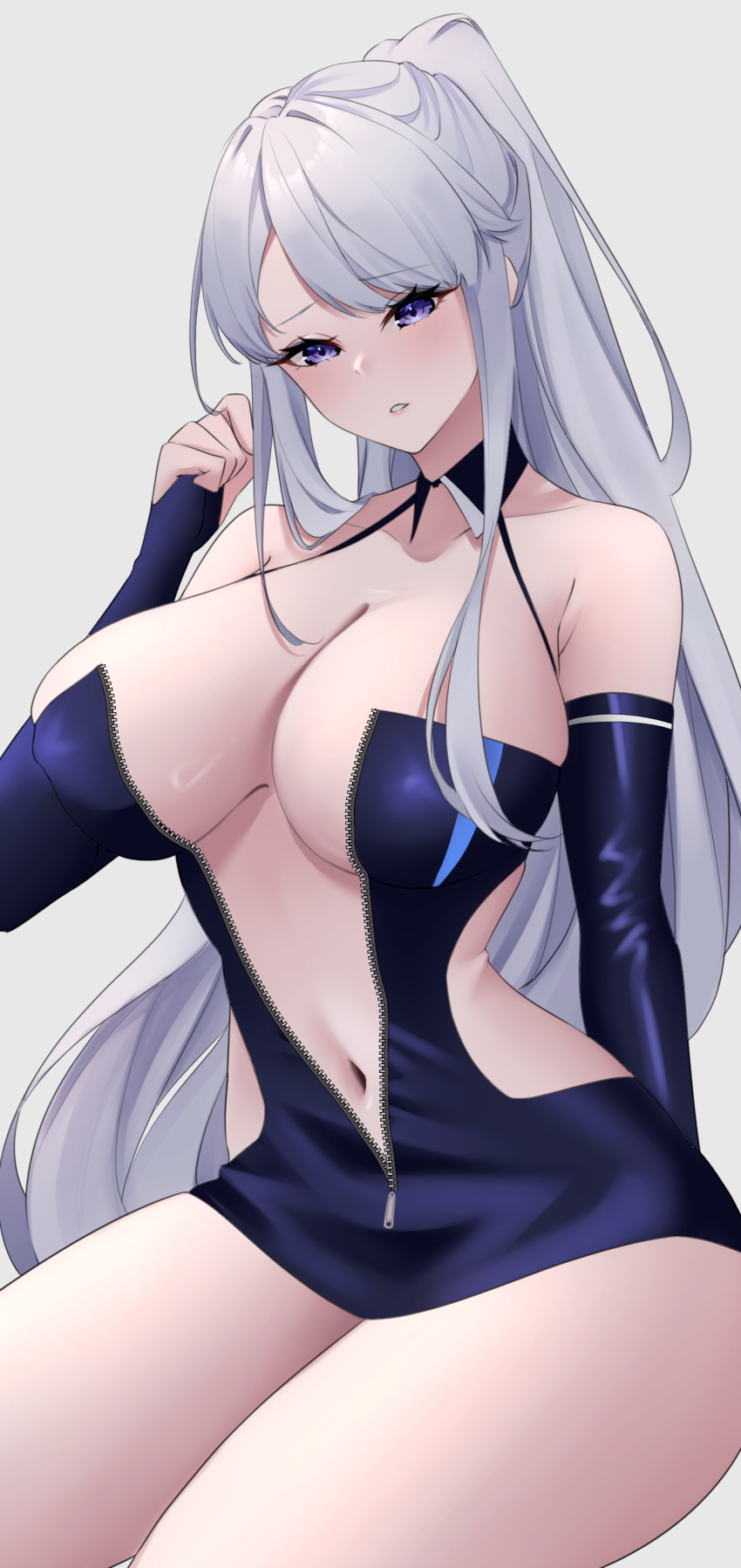 absurdres azur_lane bare_shoulders breasts cleavage collarbone dress elbow_gloves enterprise_(azur_lane) enterprise_(wind_catcher)_(azur_lane) female gloves grey_background grey_hair highres large_breasts long_hair looking_at_viewer microdress nanako94418108 navel official_alternate_costume official_alternate_hairstyle ponytail purple_dress purple_eyes race_queen revealing_clothes simple_background sitting solo unzipped very_long_hair zipper_dress