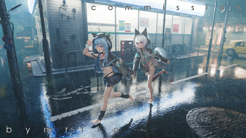 2girls animal_ear_hood animal_ears anklet artist_name barefoot black_jacket blue_eyes blue_hair blue_skirt bow bowtie car city commentary commission convenience_store english_commentary english_text feet grey_hair highres holding_hands hood hooded_jacket jacket jewelry lamppost legs midriff motor_vehicle mr_ito multiple_girls navel night original outdoors pink_bow pleated_skirt purple_eyes rain road scenery see-through_clothes shop single_bare_foot single_thighhigh skirt stirrup_legwear stomach street swimsuit tail taxi thighhighs toeless_legwear wolf_ears wolf_girl wolf_tail