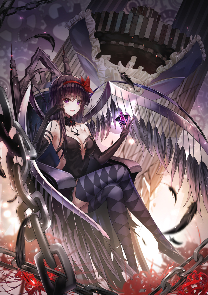 :d akemi_homura akuma_homura argyle_clothes argyle_thighhighs armchair bare_shoulders black_dress black_gloves black_hair bottle bow breasts chains chair choker cleavage cleavage_cutout clothing_cutout crossed_legs dark_orb_(madoka_magica) dress elbow_gloves feathered_wings feathers female flower gears gloves hair_between_eyes hair_ribbon hairbow highres holding holding_bottle limit_x long_hair looking_at_viewer mahou_shoujo_madoka_magica mahou_shoujo_madoka_magica:_hangyaku_no_monogatari open_mouth perfume_bottle purple_eyes red_flower revision ribbon sitting smile solo spider_lily tattoo thighhighs walpurgisnacht_(madoka_magica) wings witch_(madoka_magica)