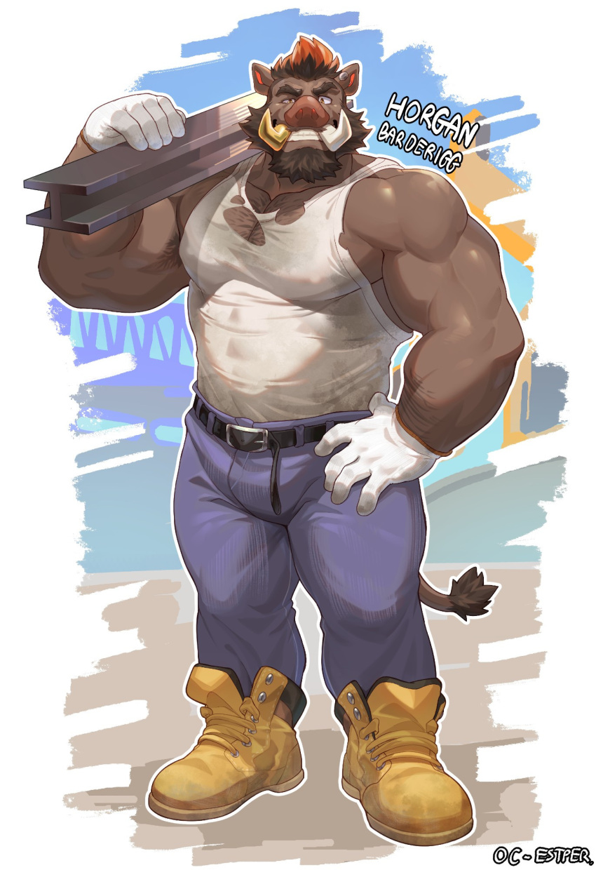 1boy 5_fingers balls bara bara_tits barazoku beard belly biceps boar body_fur body_hair boulder brown_body brown_fur brown_hair brown_skin bulge bulge_through_clothing carrying carrying_over_shoulder chest_hair clothed dyed_hair ear_piercing earrings estper fangs forearm_hair full_body fully_clothed furry furry_male furry_only gloves hair hairy_arms hairy_chest hairy_male hi_res horgan_(estper) humanoid large_pecs large_pectorals male male_focus male_only muscles muscular muscular_arms muscular_male nipples orange_hair pecs pectorals raised_eyebrow shirt simple_background solo solo_focus solo_furry solo_male suina sus_(pig) sweat sweatdrop sweating sweaty sweaty_body tank_top thick_arms thick_eyebrows torn_clothes torn_clothing torn_shirt torn_tank_top uniform wet_shirt work_gloves worker