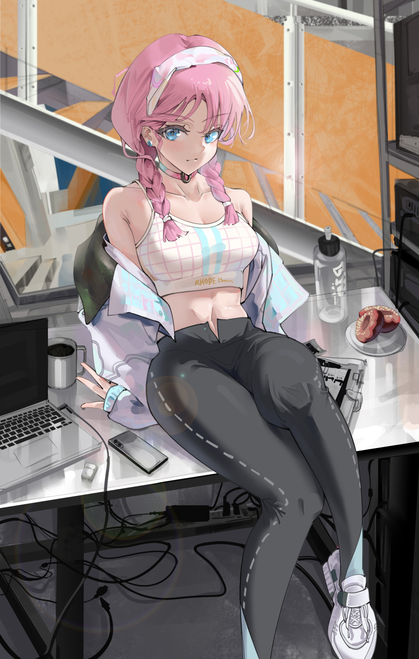 absurdres arknights bare_shoulders blue_eyes blue_poison_(arknights) blue_poison_(shoal_beat)_(arknights) braid breasts choker closed_mouth computer doughnut female food foot_out_of_frame hairband highres indoors jacket laptop leggings long_hair long_sleeves looking_at_viewer midriff mo_awanai navel off_shoulder official_alternate_costume open_clothes open_jacket pink_choker pink_hair sitting sitting_on_table solo sports_bra twin_braids white_jacket white_sports_bra