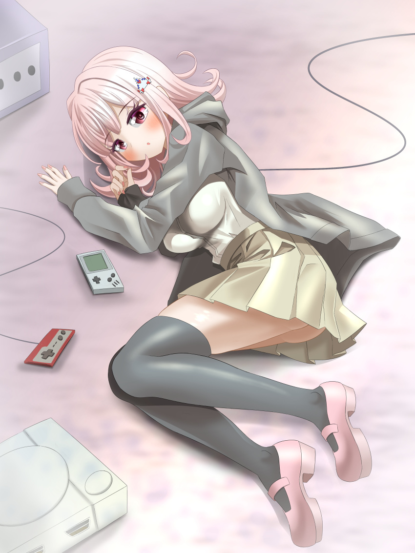 :o absurdres ass black_thighhighs blush breasts brown_hair brown_skirt danganronpa_(series) danganronpa_2:_goodbye_despair female full_body galaga game_console gamecube highres jacket large_breasts long_sleeves lying medium_hair nanami_chiaki on_side open_clothes open_jacket pink_eyes pink_footwear shirt siroari_1235 skirt solo thighhighs white_shirt