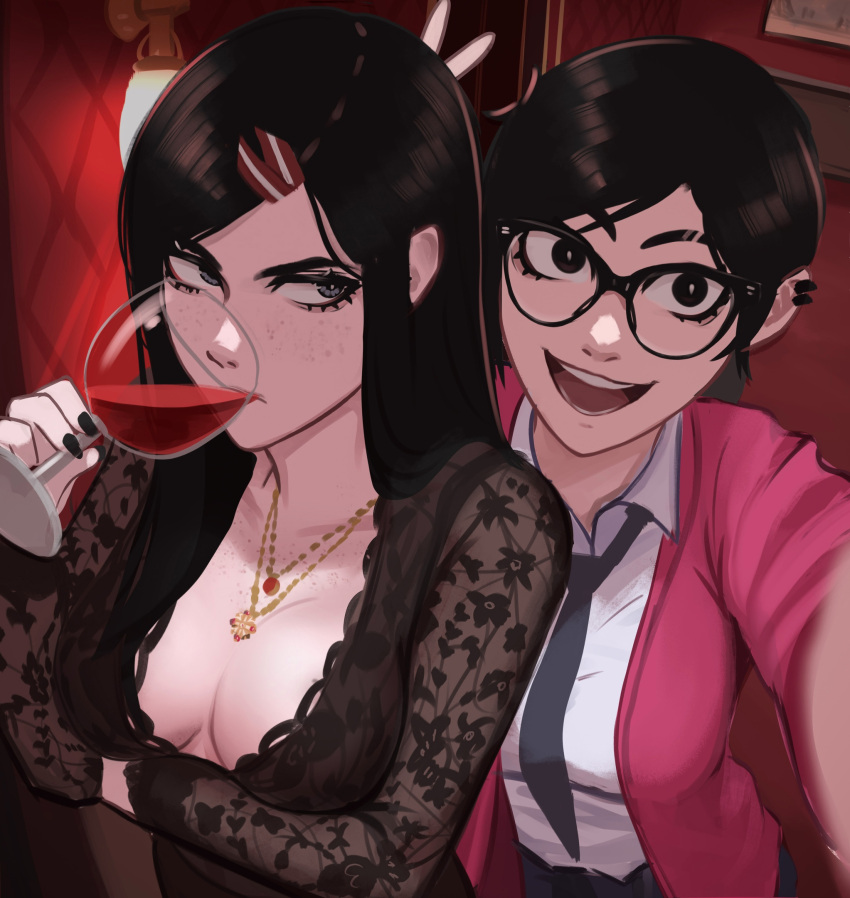 2girls annoyed arm_under_breasts black-framed_eyewear black_eyes black_hair black_nails black_necktie black_shirt blue_eyes body_freckles breasts bunny_ears_prank cardigan cleavage commentary cup dress_shirt drinking drinking_glass earclip english_commentary excited floral_print_shirt freckles glasses highres indoors jewelry kadence_(veyonis) lace_shirt lace_trim large_breasts long_hair looking_at_another medium_breasts multiple_girls necktie open_mouth original pink_cardigan ponytail rosen_(veyonis) see-through_clothes selfie shirt short_hair straight_hair v veyonis white_shirt wide-eyed wine_glass