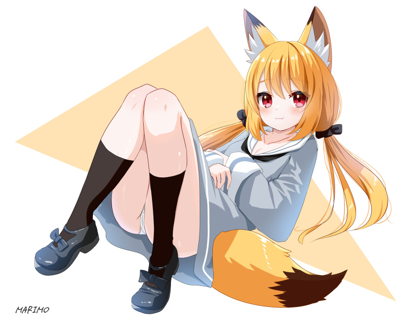 animal_ear_fluff animal_ears black_neckerchief black_ribbon black_socks blonde_hair breasts cameltoe character_request cleavage closed_mouth collarbone dress female from_side full_body grey_dress grey_footwear hair_between_eyes hair_ribbon hands_on_own_stomach highres knees_together_feet_apart knees_up light_blush long_hair long_sleeves looking_at_viewer low_twintails lying neckerchief oerba_yun_fang on_back panties pantyshot red_eyes ribbon sailor_collar sailor_dress shoes short_dress simple_background sitting skin_fang small_breasts smile socks solo straight_hair suzuki-shi swept_bangs tail triangle_background twintails underwear vrchat white_panties white_sailor_collar yellow_tail