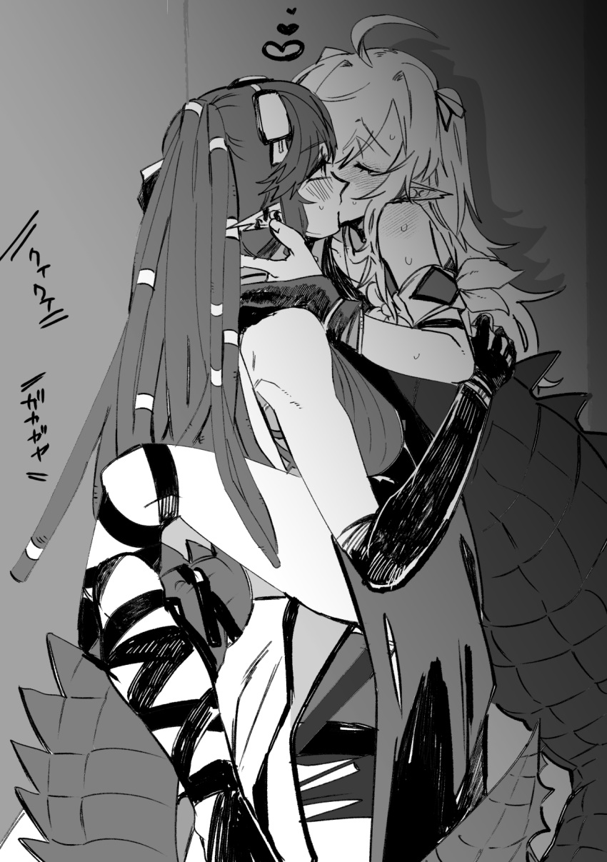 2girls ahoge arknights ban_syou blush closed_eyes commentary_request crocodilian_tail dreadlocks ear_blush elbow_gloves gavial_(arknights) gavial_the_invincible_(arknights) gloves goggles goggles_on_head greyscale hand_on_another's_face heart highres leg_lock long_hair looking_at_another monochrome multiple_girls pointy_ears sweatdrop tail tomimi_(arknights) translation_request two_side_up yuri