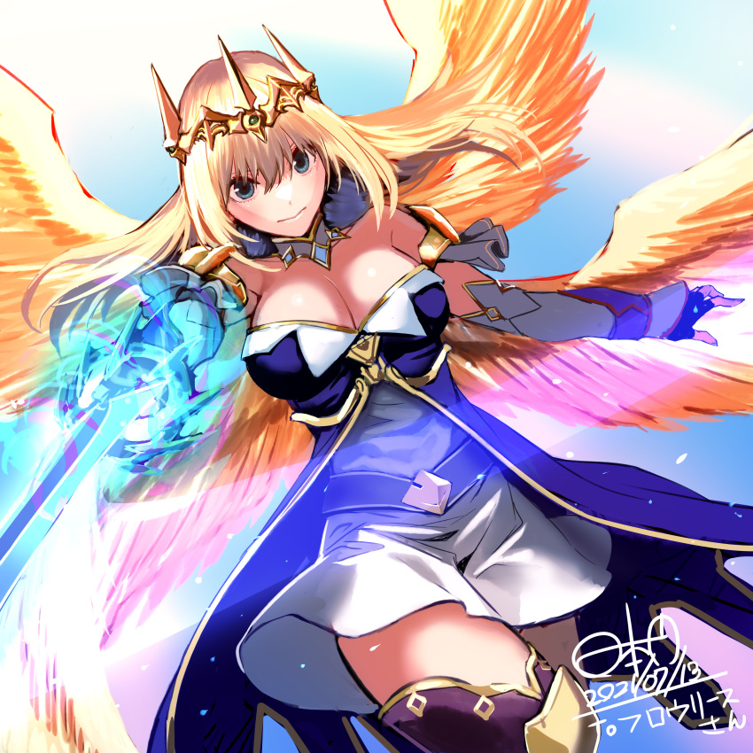 absurdres bare_shoulders blue_dress breasts character_request check_copyright cleavage commission copyright_request crown dated detached_collar detached_sleeves dress female fez_(video_game) fingerless_gloves gloves glowing glowing_weapon highres hinomoto_madoka holding holding_sword holding_weapon large_breasts long_hair looking_at_viewer multiple_wings off-shoulder_dress off_shoulder signature skeb_commission skirt solo sword weapon wings