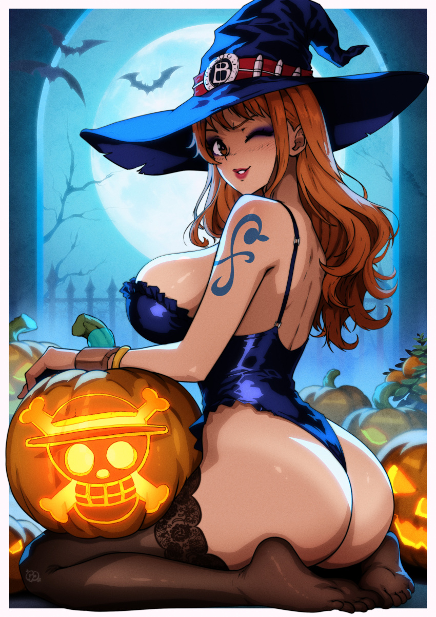 absurdres arm_tattoo ass bat_(animal) blue_hat blue_leotard bracelet breasts brown_eyes brown_thighhighs commentary english_commentary eyelashes eyeshadow feet female frilled_leotard frills full_body full_moon hat highres jack-o'-lantern jewelry lace-trimmed_legwear lace-trimmed_thighhighs lace_trim large_breasts legs leotard long_hair makeup moon nami_(one_piece) night no_shoes on_ground one_eye_closed one_piece orange_hair outdoors parted_lips puffy_nipples seiza sidelocks sitting soles solo tan tanlines tattoo thatpersonaguy thighhighs thighs toes witch_hat