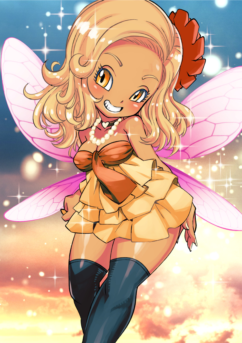 absurdres arms_behind_back bare_shoulders bead_necklace beads black_thighhighs blonde_hair breasts choker cleavage colored_eyelashes commentary_request dark-skinned_female dark_skin dragon_quest dragon_quest_ix dragon_quest_x dress fairy fairy_wings female flower ganguro gradient_background grin gyaru hair_flower hair_ornament head_tilt heart heart_choker highres jewelry long_hair looking_to_the_side medium_breasts muramasa_mikado necklace orange_dress partial_commentary pink_wings sandy_(dq9) side_part smile solo sparkle strapless strapless_dress tan thighhighs thighs white_nails wide_hips wings yellow_eyes