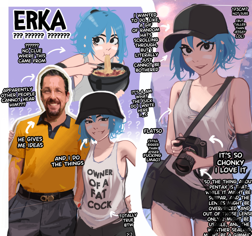 absurdres adam_sandler arm_warmers arrow_(symbol) artist_self-insert baseball_cap black_eyes black_hat blue_hair breasts bucket_hat camera character_name character_profile commentary contrapposto cutoffs eating english_commentary english_text erka_(veyonis) female fourth_wall grey_tank_top hat height highres holding holding_camera looking_at_viewer messy_hair multiple_views original outdoors short_hair small_breasts tank_top veyonis