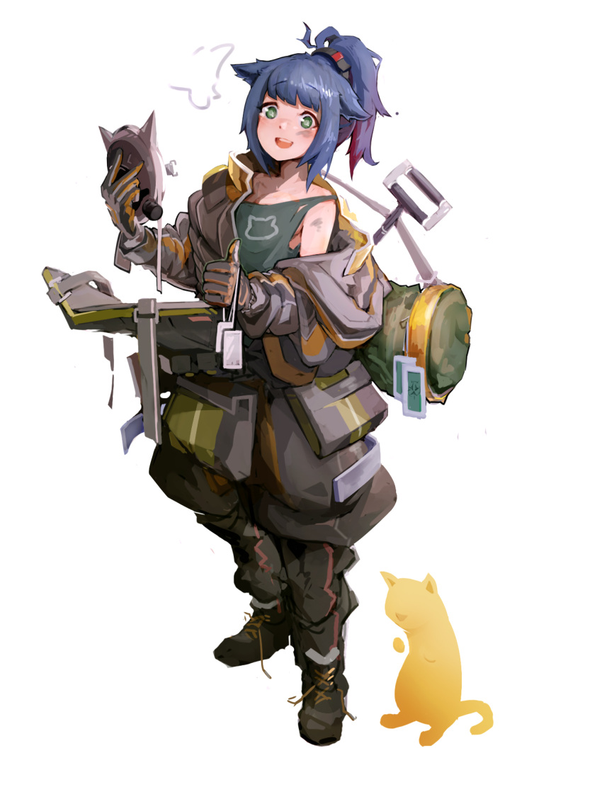 :d animal animal_ears arknights armor bag black_footwear black_pants blue_hair boots cat_ears chinese_commentary commentary_request dirty dirty_face english_commentary feline female full_body gas_mask green_eyes green_tank_top highres jacket jessica_(arknights) jessica_(iron_block)_(arknights) jumbowhopper korean_commentary long_hair looking_at_viewer mask mixed-language_commentary official_alternate_costume open_clothes open_jacket open_mouth pants ponytail shoulder_bag sidelocks simple_background smile solo tank_top teeth untied_footwear unworn_mask white_background