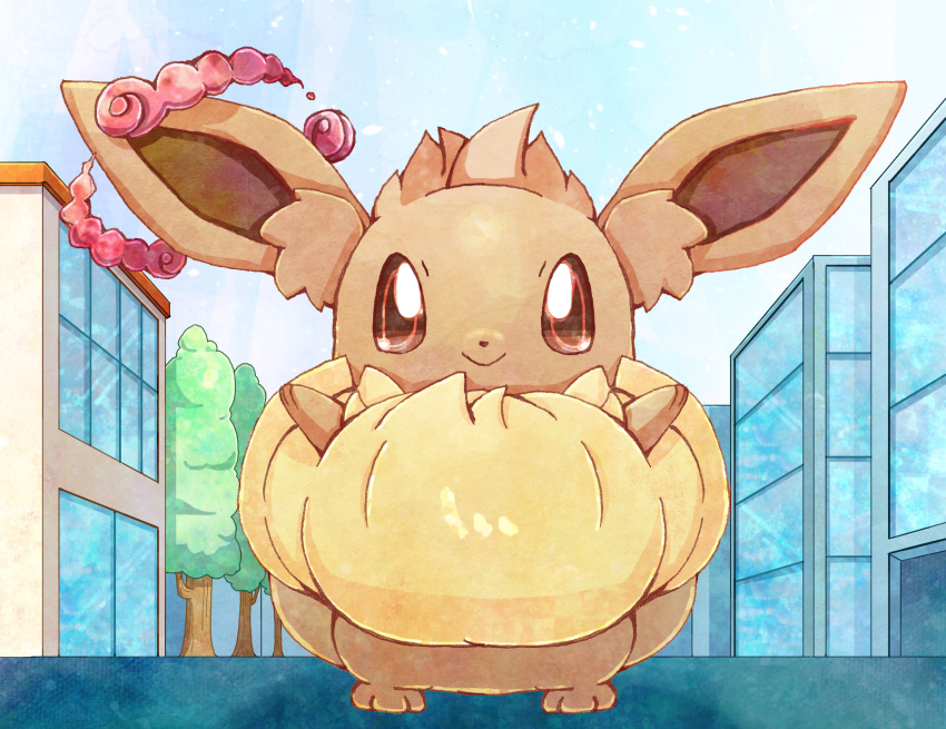 bad_id bad_pixiv_id black_eyes blue_sky building closed_mouth commentary_request day eevee full_body gaonyan gigantamax gigantamax_eevee highres looking_at_viewer no_humans outdoors pokemon pokemon_(creature) sky smile solo standing tree