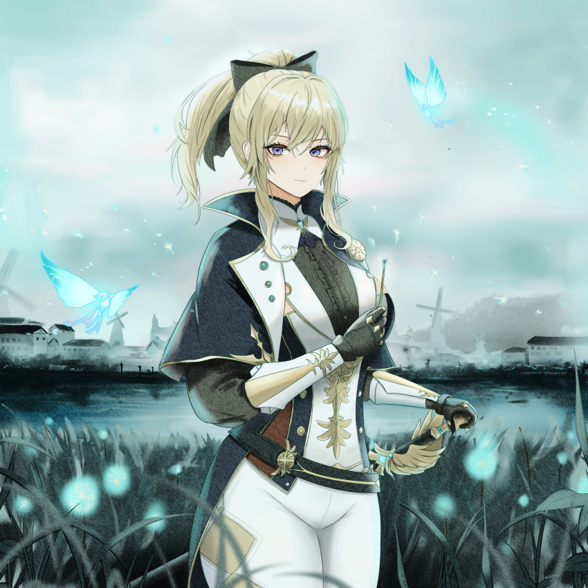 absurdres argyle black_gloves blue_eyes bow bug butterfly capelet closed_mouth cloud cloudy_sky crystalfly_(genshin_impact) female frills genshin_impact gloves glowing gold_trim grass hair_between_eyes hairbow highres holding jean_(genshin_impact) jean_(gunnhildr's_legacy)_(genshin_impact) kcar66t long_bangs looking_at_viewer outdoors ponytail short_sleeves sky smile solo standing town white_legwear windmill