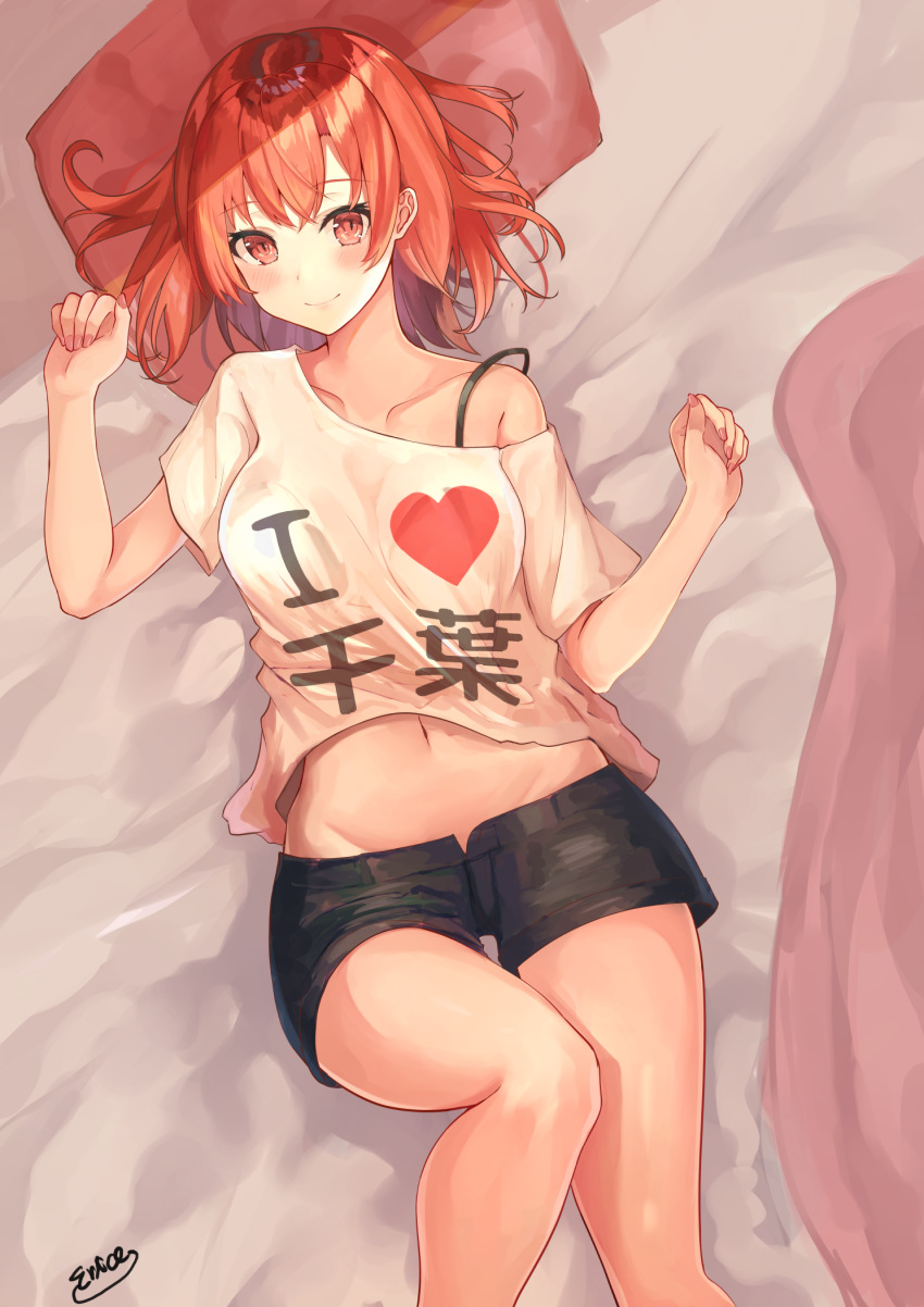 bare_legs bed_sheet black_shorts blanket blush bra_strap breasts clothes_writing collarbone commentary female graphite_(medium) hand_up heart highres i_heart... legs looking_at_viewer lying medium_breasts medium_hair nail_polish navel on_back orange_hair pillow red_eyes shiina_aoi shirt short_shorts shorts signature single_bare_shoulder smile solo stomach strap_slip t-shirt traditional_media translated white_shirt yahari_ore_no_seishun_lovecome_wa_machigatteiru. yuigahama_yui