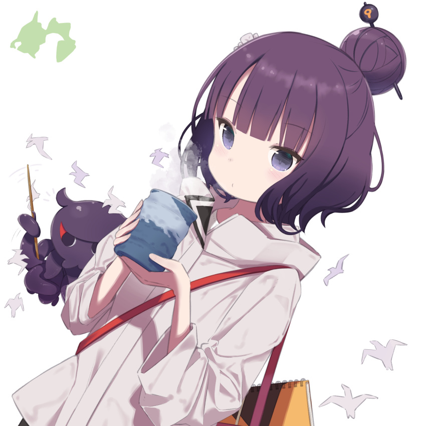 bag blue_eyes blush breasts commentary_request cup fate/grand_order fate_(series) female hair_bun hair_ornament hairpin highres hood hooded_jacket jacket katsushika_hokusai_(fate) katsushika_hokusai_(traveling_outfit)_(fate) long_sleeves looking_at_viewer octopus official_alternate_costume purple_hair short_hair shoulder_bag simple_background single_hair_bun sketchbook tokitarou_(fate) white_background white_jacket yomogi_uehara