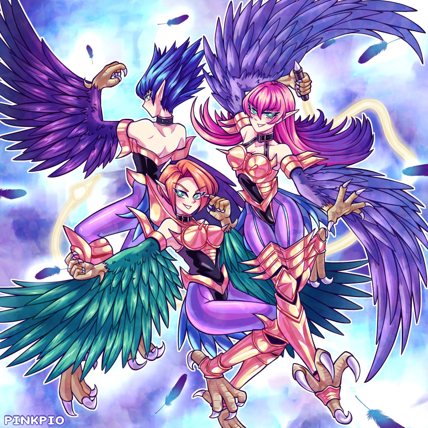 3girls absurdres artist_name bare_shoulders blue_hair breasts choker claws cleavage clip_studio_paint_(medium) commentary derivative_work duel_monster energy_whip english_commentary feathered_wings feathers gradient_hair green_eyes green_feathers harpie_lady harpie_lady_1 harpie_lady_2 harpie_lady_3 harpie_lady_sisters harpy highres long_hair medium_breasts monster_girl multicolored_hair multiple_girls orange_hair pink_hair pinkpio1 pointy_ears purple_feathers purple_hair short_hair siblings sisters spiked_hair talons very_long_hair whip winged_arms wings yu-gi-oh!