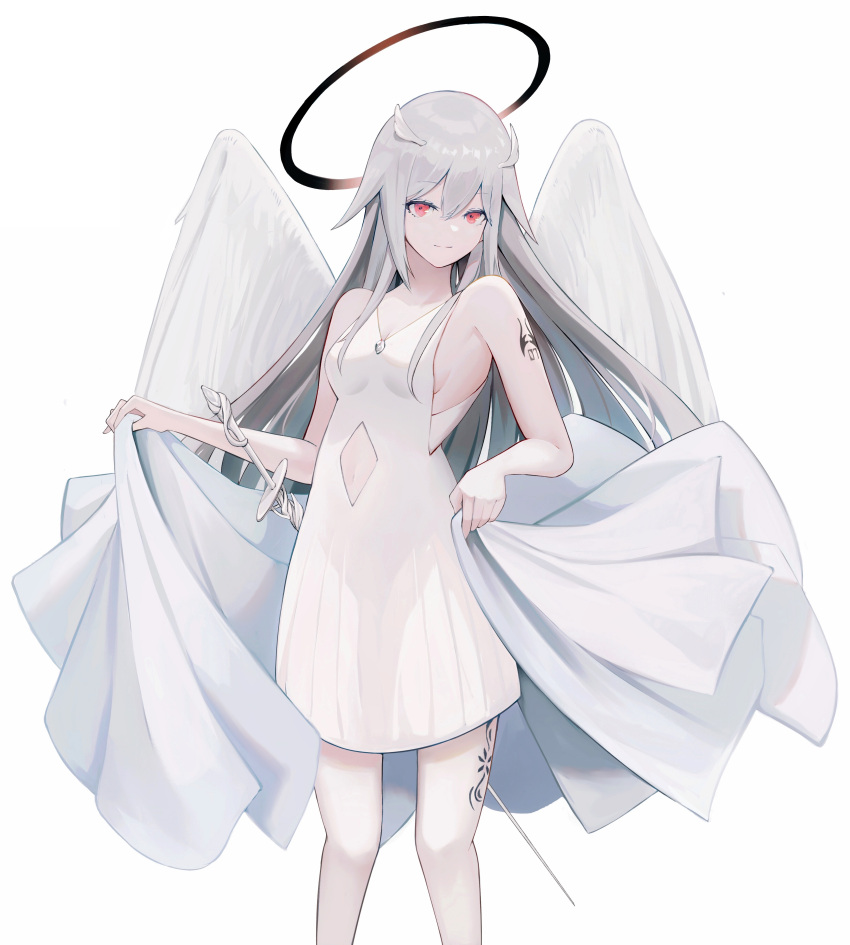 absurdres ahoge albino amamizu_shizuku bare_arms bare_shoulders breasts closed_mouth clothing_cutout collarbone covered_navel dress feathered_wings feet_out_of_frame female grey_hair halo highres holding leg_tattoo long_hair looking_at_viewer navel_cutout original red_eyes shoulder_tattoo sideboob simple_background sleeveless sleeveless_dress small_breasts smile solo standing sword tattoo very_long_hair weapon white_background white_dress white_wings wings