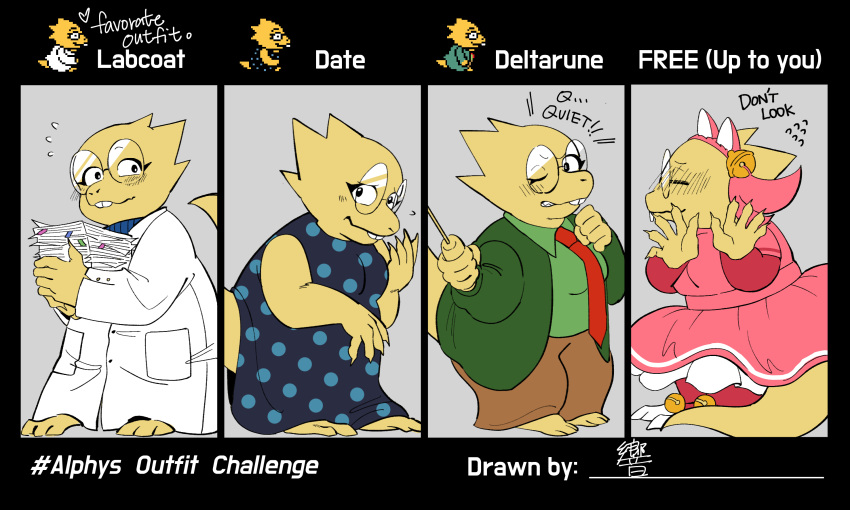 alphys anthro barefoot bell blush bottomwear breasts buckteeth claws clenched_teeth closed_eyes clothed clothing coat cosplay deltarune dialogue dress dress_shirt embarrassed english_text eyewear fake_cat_ears fake_ears feet female glasses hi_res jacket japanese_text lab_coat looking_at_viewer looking_away mew_mew_(undertale) mew_mew_kissy_cutie multiple_outfits necktie non-mammal_breasts one_eye_closed pants reptile scales scalie shirt signature solo standing stuttering tail teeth text thick_tail topwear undertale undertale_(series) xiang_doodle yellow_body yellow_scales