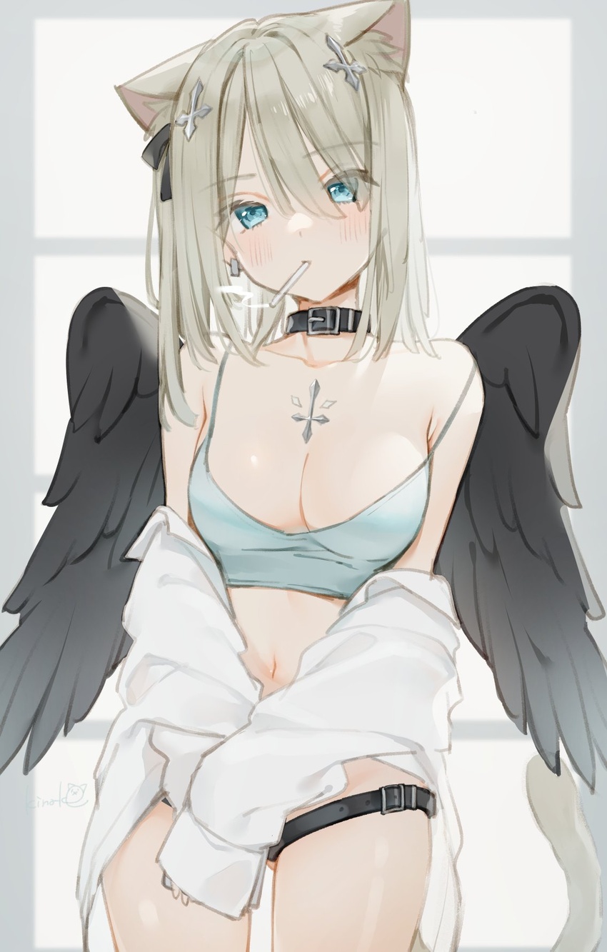 angel_wings animal_ears bare_shoulders blue_eyes breasts camisole cat_ears cat_girl cat_tail choker cigarette cleavage collarbone cowboy_shot crop_top earrings extra_ears fallen_angel feathered_wings female grey_hair hair_between_eyes hair_ornament hair_ribbon highres jacket jewelry kinako_(shiratama_mochi) long_hair long_sleeves looking_at_viewer medium_breasts midriff navel off_shoulder one_side_up original ribbon shirt sleeveless sleeveless_shirt smoking solo spaghetti_strap tail thigh_strap thighs white_jacket wings