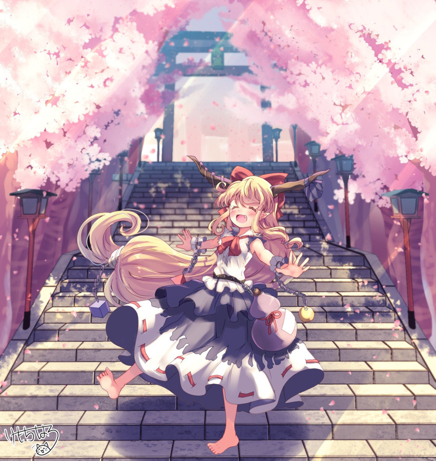 :d barefoot bow cherry_blossoms closed_eyes closed_mouth commentary cube cuffs facing_viewer female full_body gourd gradient_sky hairbow highres horns ibuki_suika kemo_chiharu light_rays long_hair low-tied_long_hair open_mouth orange_hair orb outdoors pointy_ears purple_skirt pyramid_(geometry) red_bow ribbon-trimmed_skirt ribbon_trim shackles shirt signature skirt sky smile solo stairs standing standing_on_one_leg torii torn_clothes torn_sleeves touhou very_long_hair white_shirt wrist_cuffs