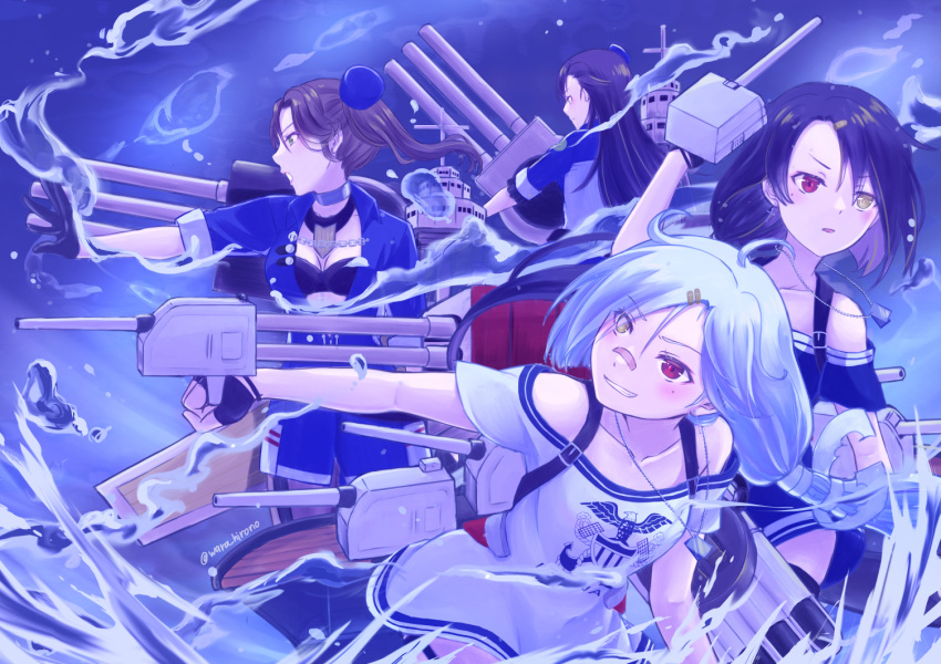 4girls ahoge arizona_(azur_lane) azur_lane bandaid bandaid_on_face bandaid_on_nose bare_shoulders black_gloves black_hair black_shirt cassin_(azur_lane) downes_(azur_lane) fingerless_gloves gloves grin gun hair_ornament hairclip heterochromia holding holding_gun holding_weapon long_hair mole mole_under_eye multiple_girls open_mouth pennsylvania_(azur_lane) red_eyes shirt smile turret twitter_username water weapon white_hair white_shirt yellow_eyes yunana_seki