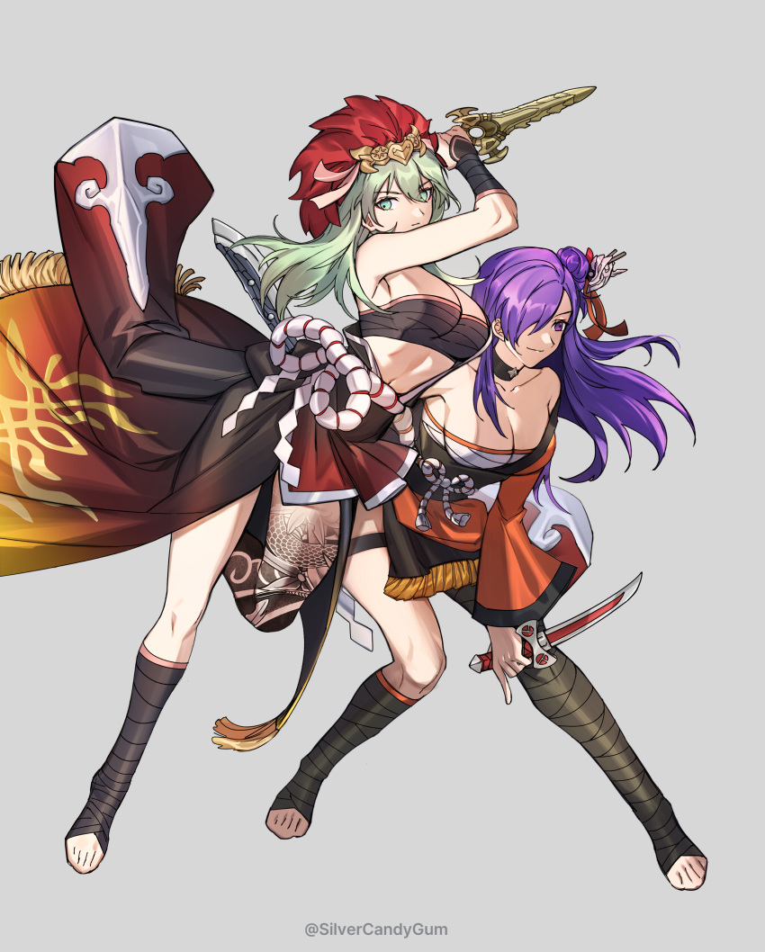 2girls absurdres alternate_costume bandages bandeau black_kimono black_sash breasts byleth_(female)_(fire_emblem) byleth_(fire_emblem) chest_sarashi cleavage commentary dagger dual_wielding english_commentary fire_emblem fire_emblem:_three_houses fire_emblem_heroes fire_emblem_warriors:_three_hopes full_body green_eyes green_hair grey_background hair_over_one_eye highres holding holding_dagger holding_knife holding_weapon japanese_clothes kimono knife large_breasts leg_tattoo long_hair looking_at_viewer midriff multiple_girls navel obi orange_kimono purple_eyes purple_hair revision sarashi sash shez_(female)_(fire_emblem) shez_(fire_emblem) silvercandy_gum simple_background smile stomach strapless tattoo thighs tube_top weapon