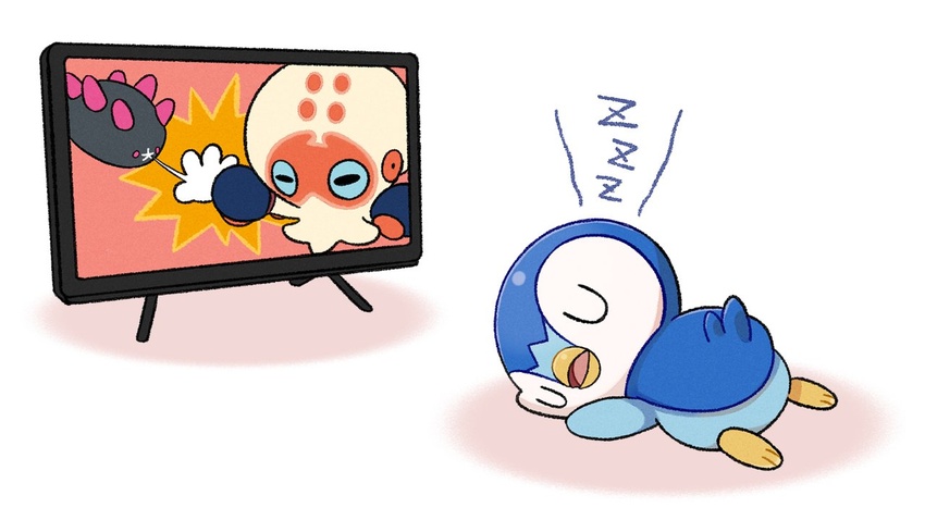 clobbopus closed_eyes commentary_request lying no_humans official_art open_mouth piplup pokemon pokemon_(creature) project_pochama pyukumuku sleeping television toes tongue white_background zzz